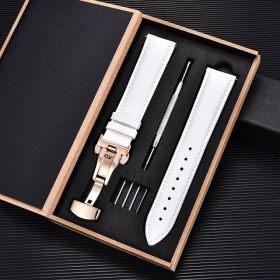 Unisex Double-sided Head Layer Cowhide Buckle Type Leather Watch Strap Bow Buckle Premium Needle Pattern (Option: White-Rose gold-20mm)
