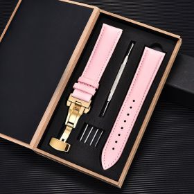 Unisex Double-sided Head Layer Cowhide Buckle Type Leather Watch Strap Bow Buckle Premium Needle Pattern (Option: White-Gold-20mm)