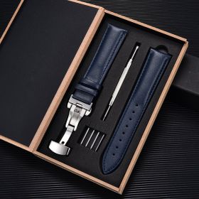 Unisex Double-sided Head Layer Cowhide Buckle Type Leather Watch Strap Bow Buckle Premium Needle Pattern (Option: Blue-Silver-20mm)