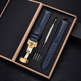 Unisex Double-sided Head Layer Cowhide Buckle Type Leather Watch Strap Bow Buckle Premium Needle Pattern (Option: Blue-Gold-20mm)