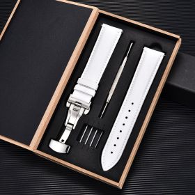 Unisex Double-sided Head Layer Cowhide Buckle Type Leather Watch Strap Bow Buckle Premium Needle Pattern (Option: White-Silver-20mm)