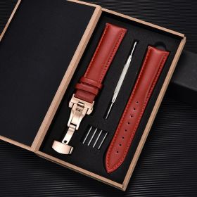 Unisex Double-sided Head Layer Cowhide Buckle Type Leather Watch Strap Bow Buckle Premium Needle Pattern (Option: Red-Rose gold-20mm)